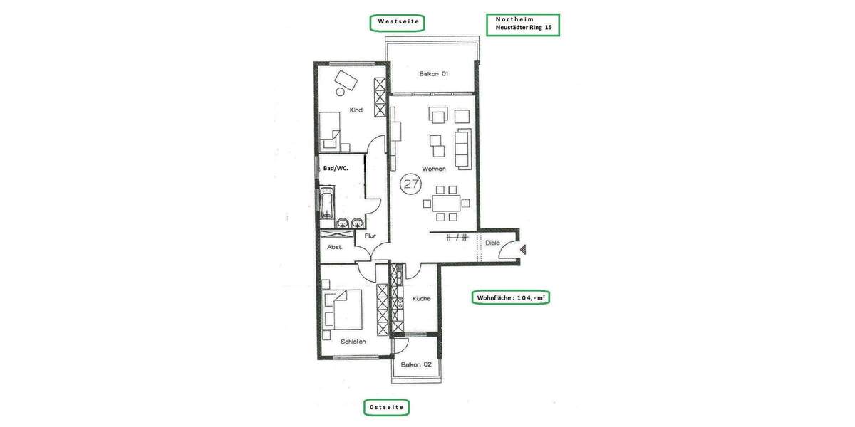 Etagenwohnung Northeim Langenholtensen - 3 Zimmer, 104 m&sup2;, 140.000&euro; | Angebot:25695948