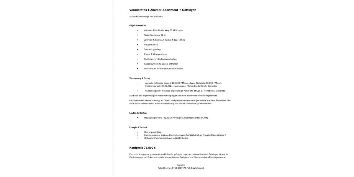 Etagenwohnung Göttingen Oststadt - 1 Zimmer, 22 m&sup2;, 69.400&euro; | Angebot:25917402
